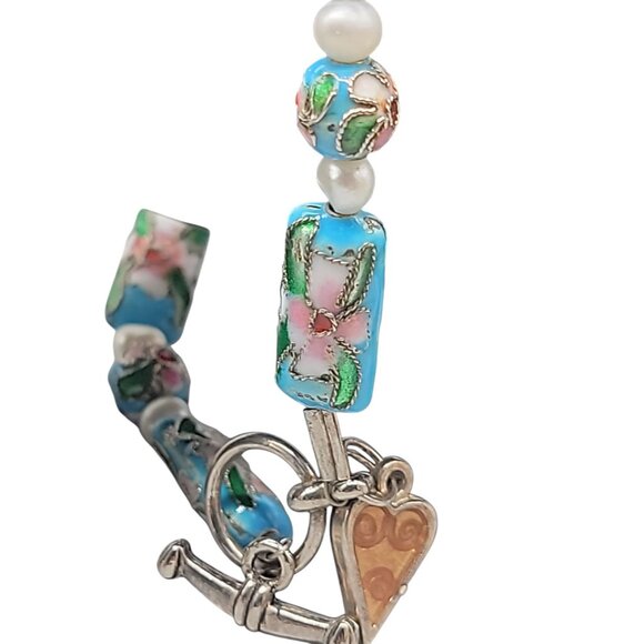 Blue Cloisonne & Faux Pearl Bead Bracelet Dangling Heart Charm 7.5 Toggle Close - Picture 8 of 14